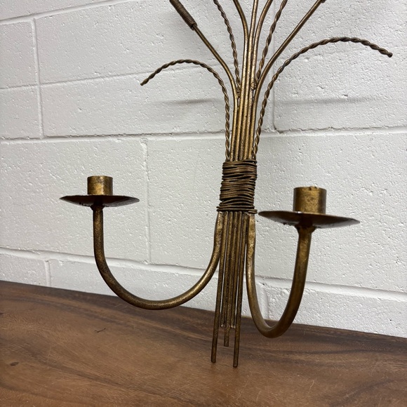 Vintage Brass Cattails Wall Double Candle Holder Sconce - Picture 3 of 10